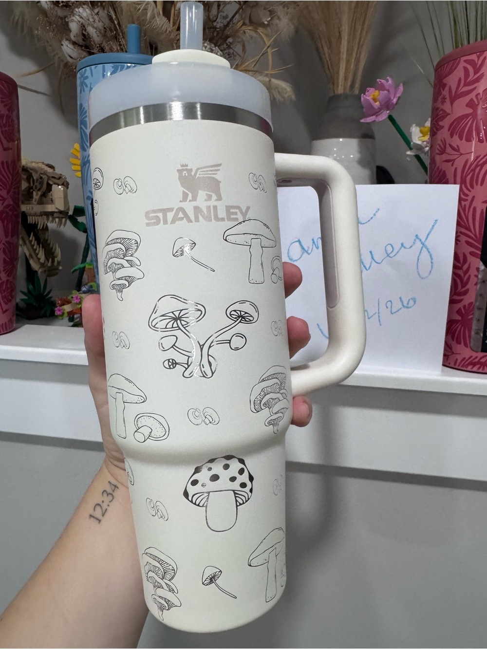 Stanley Cream Mushroom-Print Travel Mug with Handle 30oz